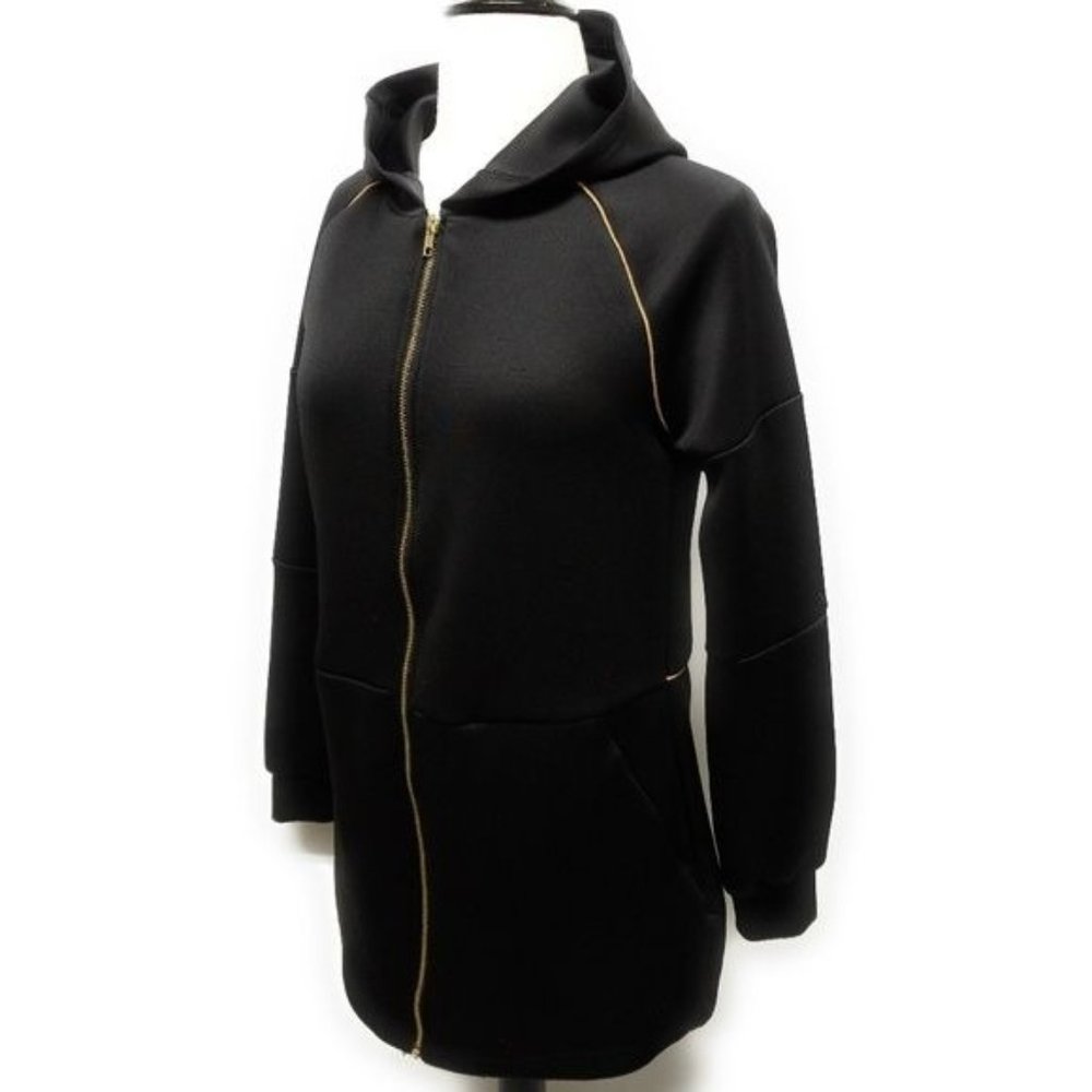 Fabletics Livia Jacket Full Zip Mid Length Reflective Coat in Black & Gold Women